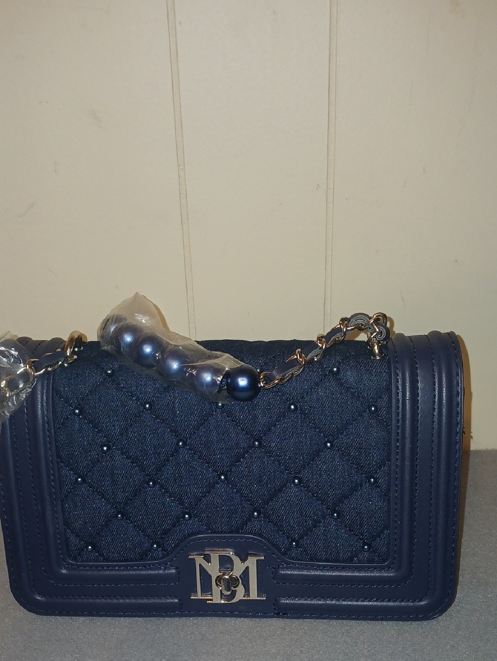 Badgley Mischka Quilted Navy/Denim Pearl-Accent Shoulder Bag